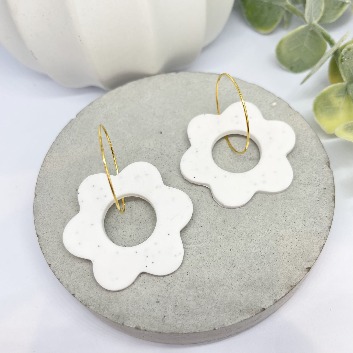 Flower polymer clay statement earrings, large white flower hoops, beautiful birthday gift, mum gift, sister gift, girlfriend gift
